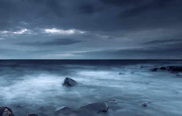 Sea, the sky, clouds, stones, shore, the evening, Sweden, sky