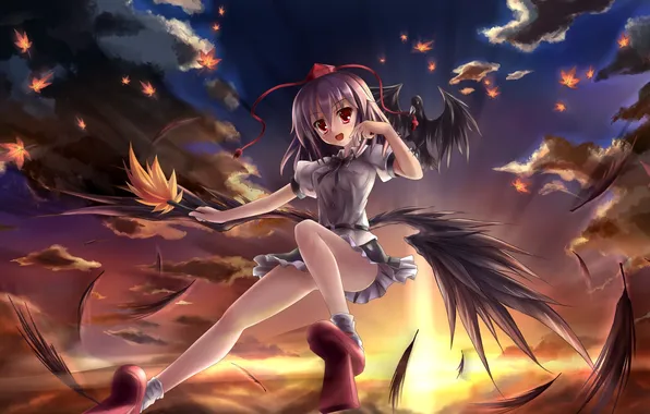 Clouds, sunset, wings, art, girl, Raven, touhou, in the sky