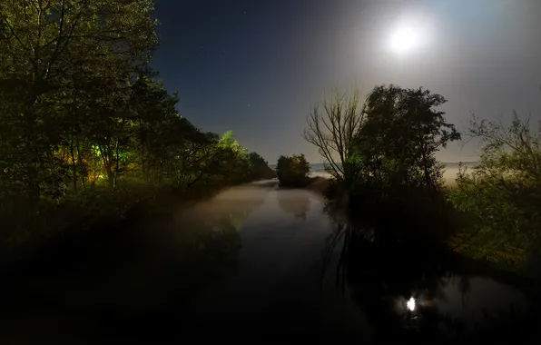 Picture water, light, night, the moon, landscapes, a month