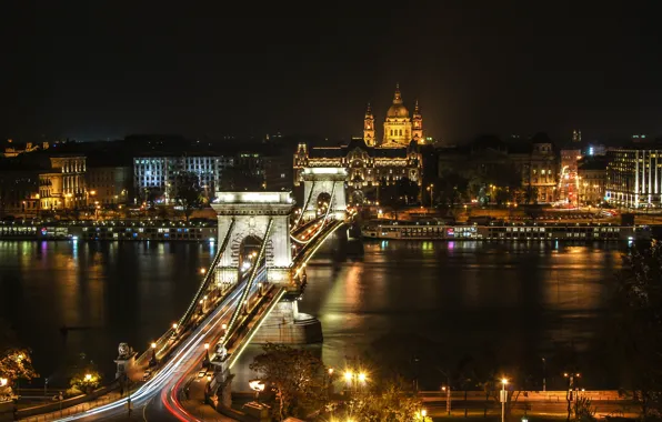 Night, bridge, lights, river, home, lights, promenade, Hungary