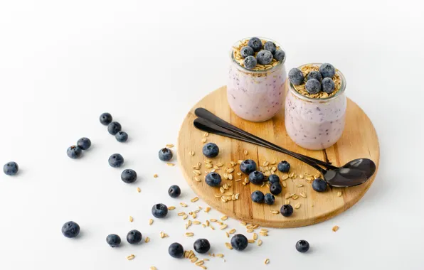 Berries, blueberries, jars, dessert, muesli, spoon, yogurt