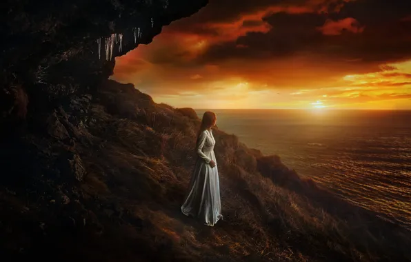 Sea, autumn, the sky, girl, clouds, landscape, sunset, clouds