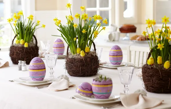 Flowers, chickens, bouquet, Easter, basket, decor, Easter, Spring festival