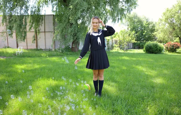 Girl, model, blonde, shoes, suit, knee socks