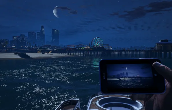 Sea, beach, the city, the moon, Grand Theft Auto V, The Saints, Santa Maria