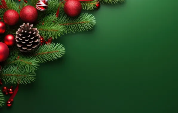 Balls, branches, Christmas, red, New year, needles, bumps, green background
