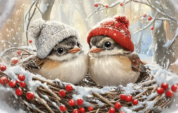 Winter, snow, trees, birds, branches, nature, berries, figure