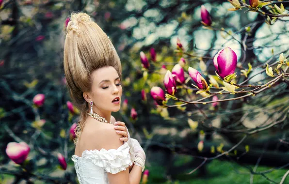 Trees, flowers, branches, nature, pose, style, model, hands