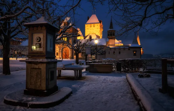 Winter, snow, castle, Switzerland, night city, Switzerland, weather station, Oberhofen Castle
