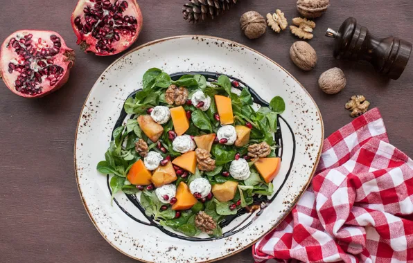 Greens, pumpkin, nuts, garnet, Salad