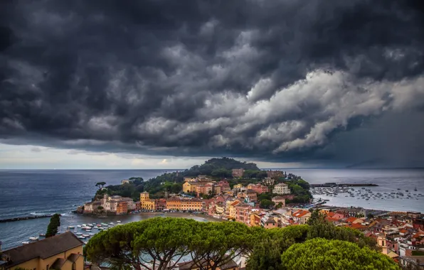 Picture sea, the sky, clouds, coast, building, Italy, panorama, Bay
