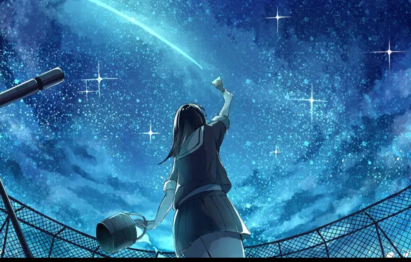 Roof, night, back, the fence, schoolgirl, brush, telescope, starry sky