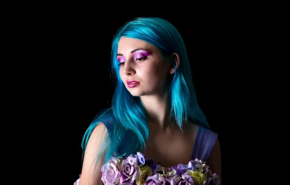 Picture girl, flowers, portrait, bouquet, makeup, hairstyle, black background, cute