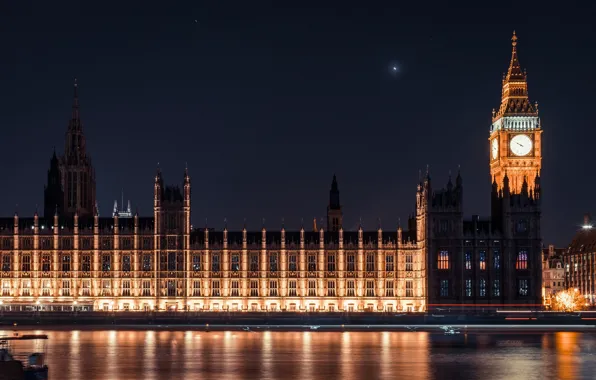 Picture lights, London, the evening, Thames, Big Ben, Parliament