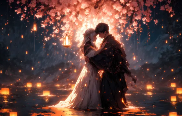 Water, love, night, lights, cherry, romance, anime, lights