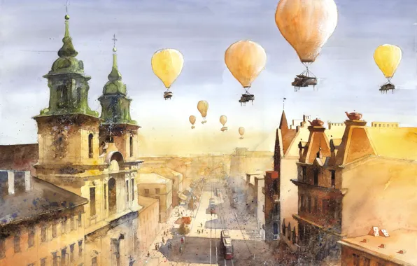 The city, balloons, people, figure, rails, home, art, Tytus Brzozowski