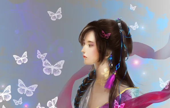 Picture look, girl, butterfly, background, hair, art, profile, ribbons