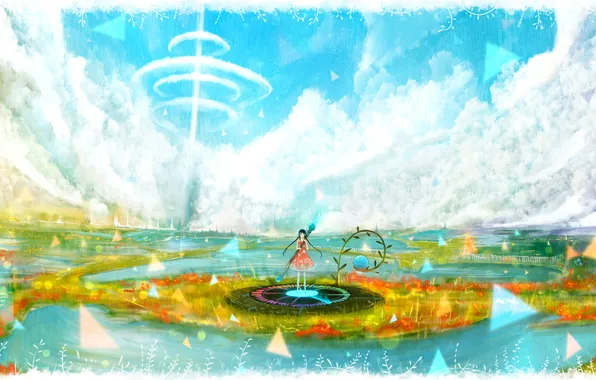 The sky, water, clouds, flowers, fantasy, meadow, girl