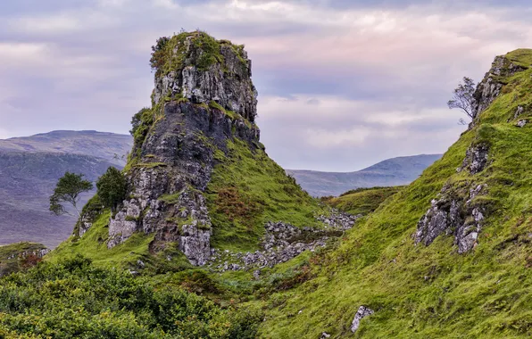 The sky, grass, clouds, mountains, rocks