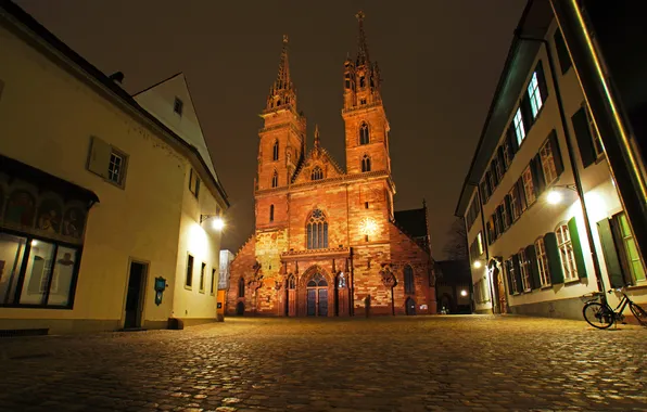 Night, lights, street, watch, home, Switzerland, lights, Cathedral