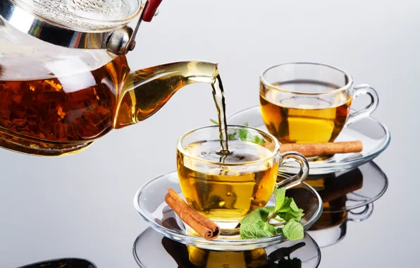 Picture glass, reflection, tea, kettle, Cup, cinnamon, mint, welding