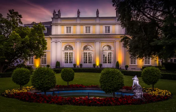 Trees, flowers, night, design, lawn, home, Germany, garden