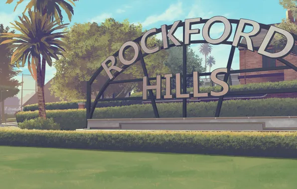 The sky, grass, clouds, trees, letters, palm trees, the building, art