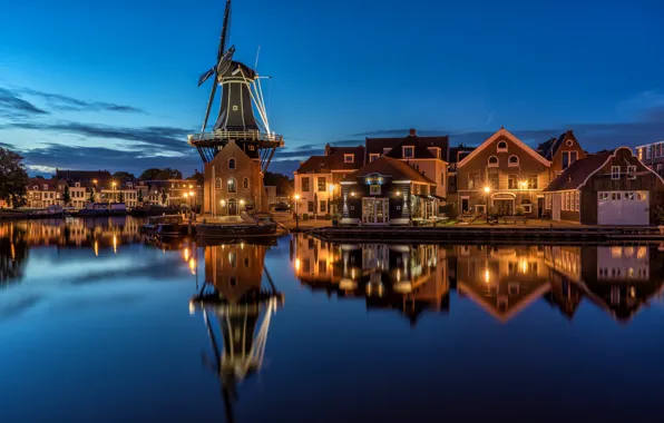 Night, lights, Netherlands, Holland, Netherlands, North Holland, Haarlem, Mill "De Adriaan"