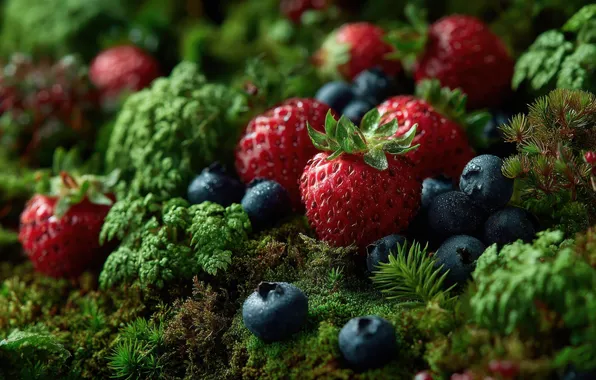 Greens, nature, berries, moss, blueberries, strawberries, placer, clearing