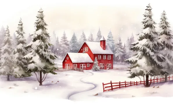 Winter, frost, field, forest, snow, red, fog, house