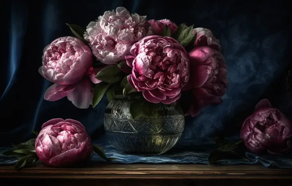 Flowers, the dark background, bouquet, pink, peonies, lush, Terry, AI art