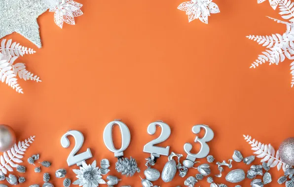 Christmas, New year, orange background, date, Christmas decorations, 2023