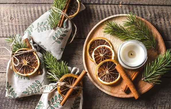 Board, candle, oranges, Christmas, New year, cinnamon, needles, citrus