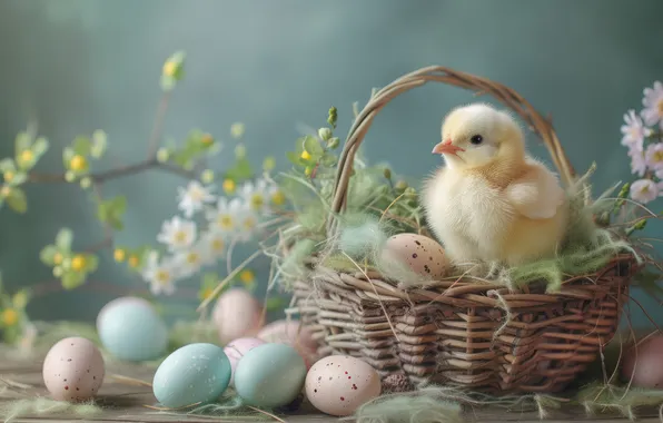 Flowers, holiday, Board, eggs, spring, Easter, bird, chicken