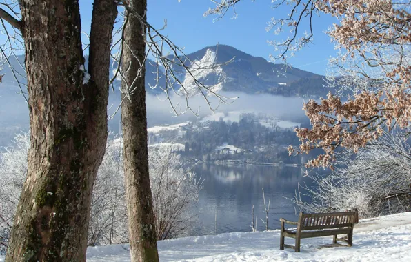 Winter, mountains, lake, bench