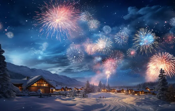 Picture winter, snow, night, lights, salute, New Year, village, Christmas