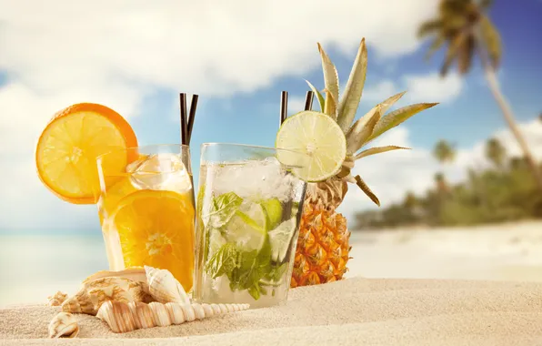 Sand, sea, beach, shell, pineapple, cocktails