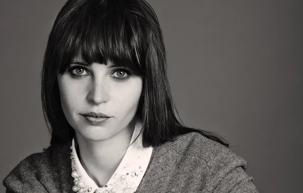 Look, girl, face, makeup, actress, black and white, Felicity Jones