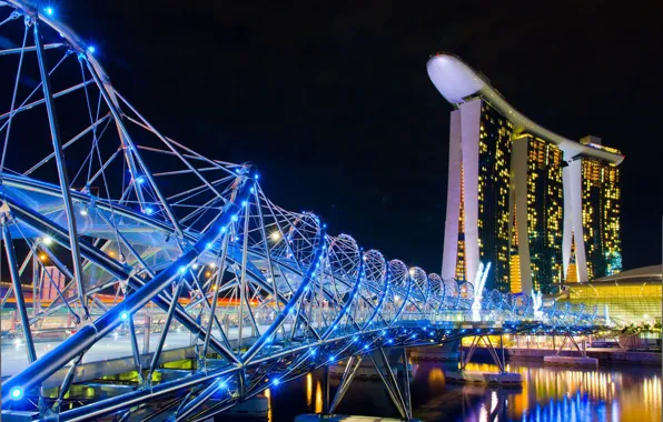 Night, the city, Singapore, the hotel, casino, Singapore, bridge.