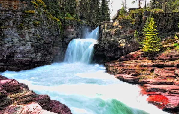 Picture trees, mountains, rocks, waterfall, stream