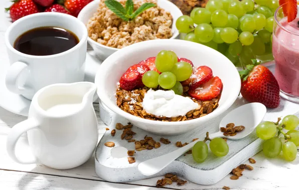 Berries, coffee, cream, strawberry, grapes, fruit, yogurt, granola