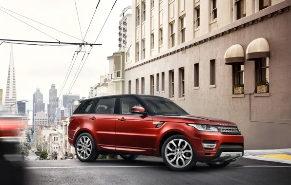 Red, SUV, Land Rover, Range Rover, the city.
