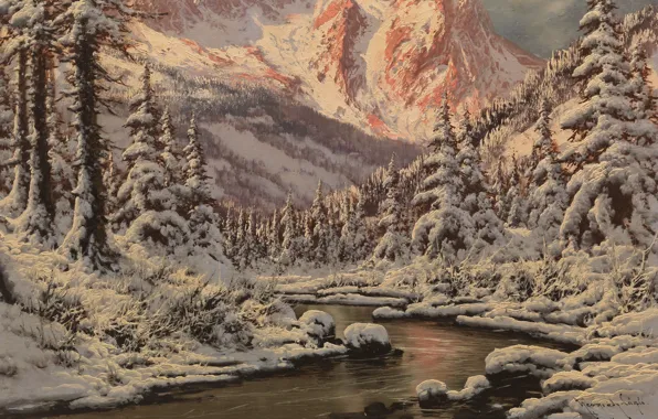 Laszlo Neogrady, vengerskii painter, Hungarian painter, Laszlo Nogradi, Winter landscape with sunset over the mountain …
