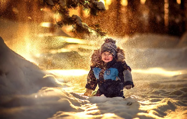 Winter, snow, joy, spruce, boy