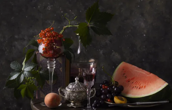 Leaves, berries, the dark background, table, wine, glass, watermelon, grapes