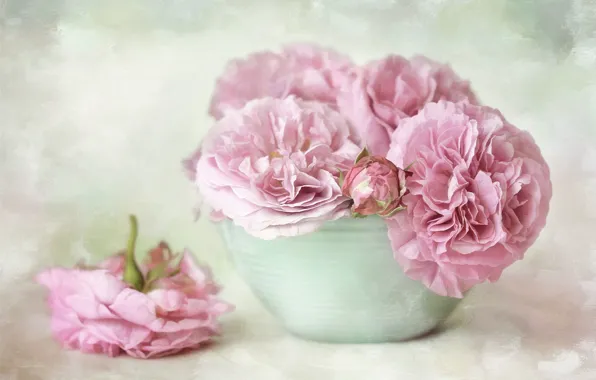 Flowers, bouquet, bowl, art, pot, pink, still life, painting