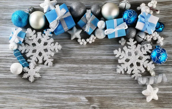 Winter, snowflakes, background, toys, New Year, blue, Christmas, white