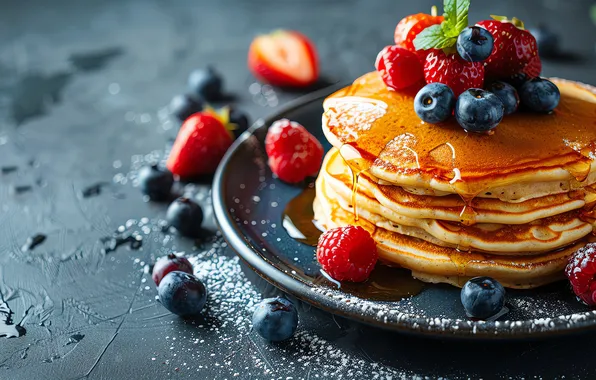 Berries, raspberry, table, blueberries, strawberry, stack, dish, syrup