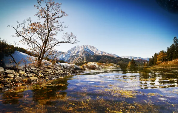 The sky, landscape, mountains, nature, lake, river, wallpapers