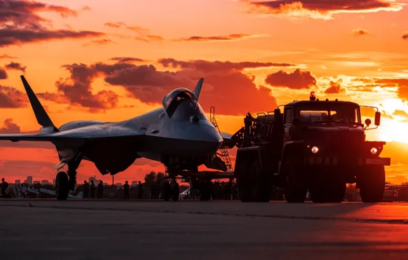The sky, clouds, sunset, red, dressing, truck, su-57, su-57